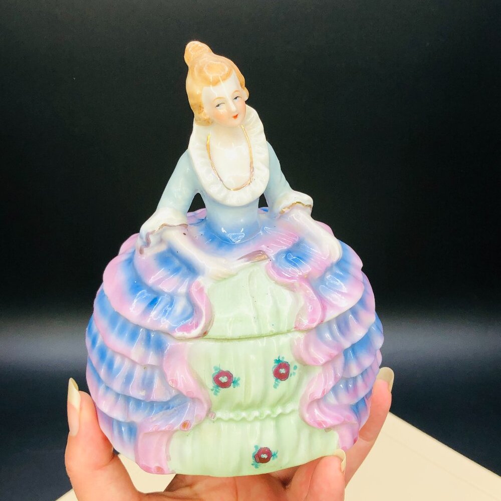 Vintage 60s Victorian Bouffant Dress Lady Figure Trinket Box: Ruffled Skirt